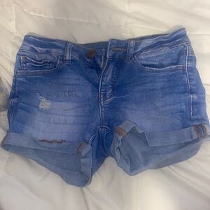 light washed , low rise jean shorts